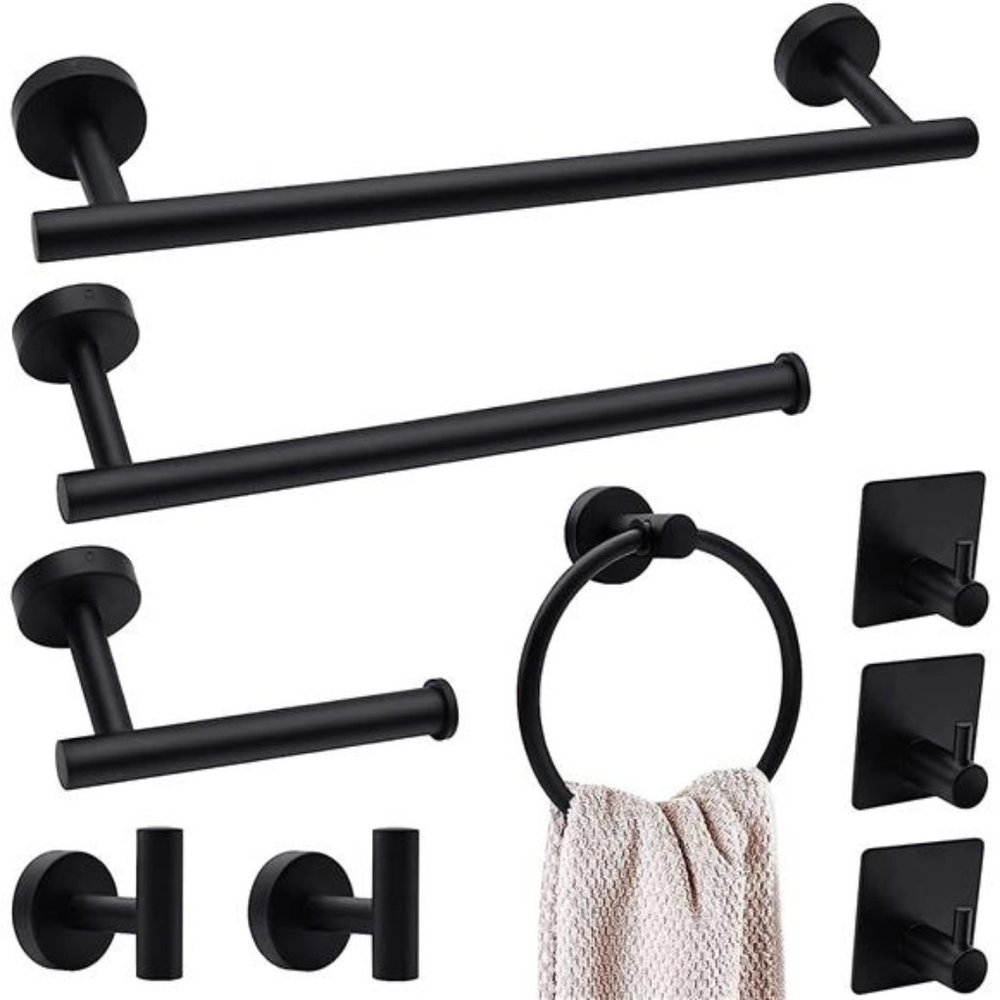 9-Piece Matte Black Bathroom Hardware Accessories Set, Bath Towel Bar Set